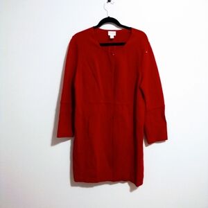 Chicos red long dressy jacket with hidden buttons in the front and pockets, size